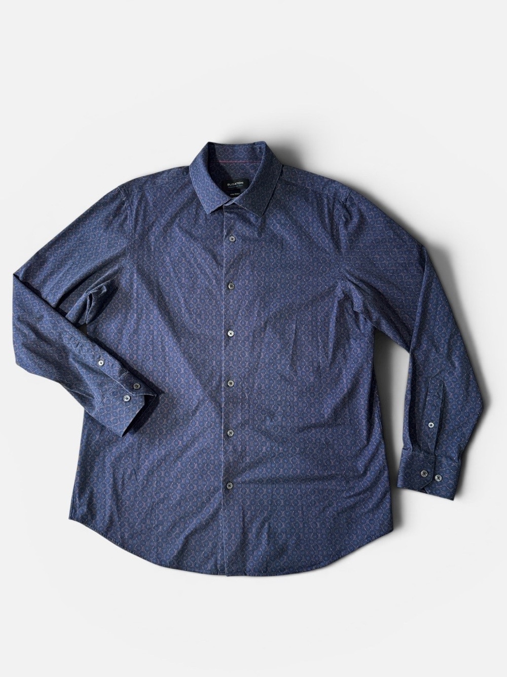 Bugatchi mens L Large blue geometric 8 way stretch OoohCotton tech button up